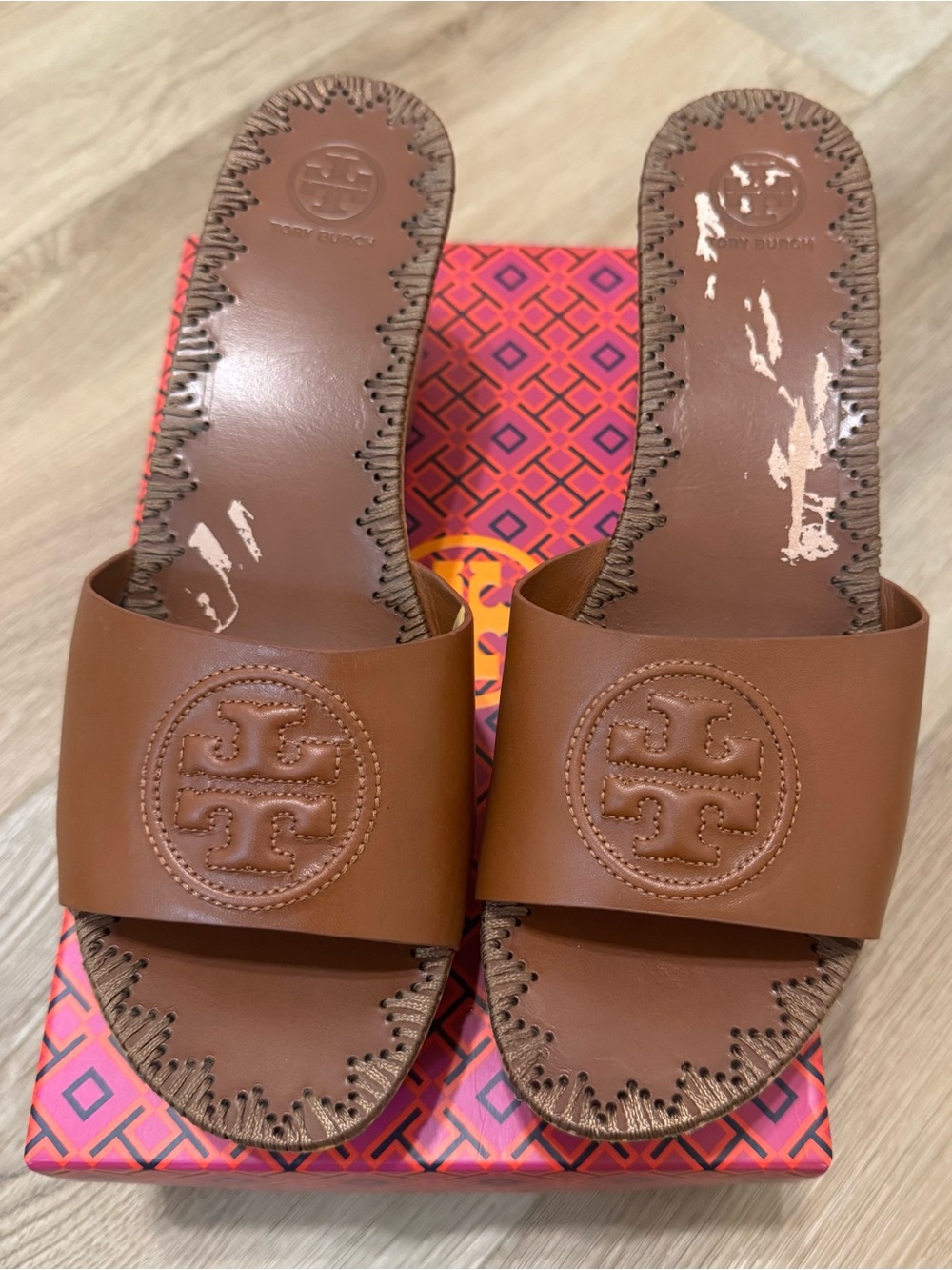 Tory Burch Cognac Leather Slide Mules with Logo Medallion